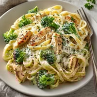 A plate of pasta with chicken and broccoli.