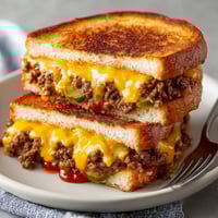 A sandwich with meat and cheese on a plate.