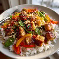 A plate of vegan Thai peanut stir-fry.