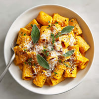 A bowl of pasta with cheese and herbs.
