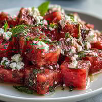 A close-up of 5-Ingredient Watermelon Feta Mint Salad with red cubes, white crumbles, and bright green mint, glistening with olive oil and lime.