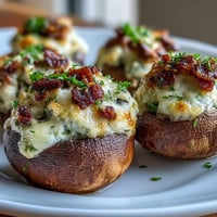 Golden brown Keto Bacon and Cheese Stuffed Mushrooms bubbling on a baking sheet, featuring a savory cream cheese filling and crispy bacon garnish.