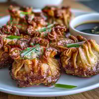 Golden air-fried dumplings with savory filling, served alongside a tangy soy ginger dipping sauce for a crispy, flavorful appetizer.  
