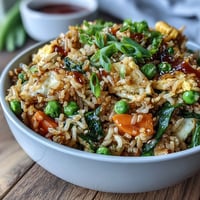 Vibrant veggie-packed fried rice with spring peas and carrots, colorful vegetables stir-fried with aromatic garlic and ginger. A healthy, satisfying main dish or side for quick meals.