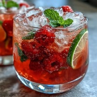 Raspberry Lime Spritz cocktail in two chilled glasses with muddled raspberries, lime slices, and fresh mint garnish.