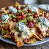 Festive Summer Party Nacho Board with Strawberry Salsa, loaded with melted cheese, black beans, and fresh avocado, perfect for sharing.