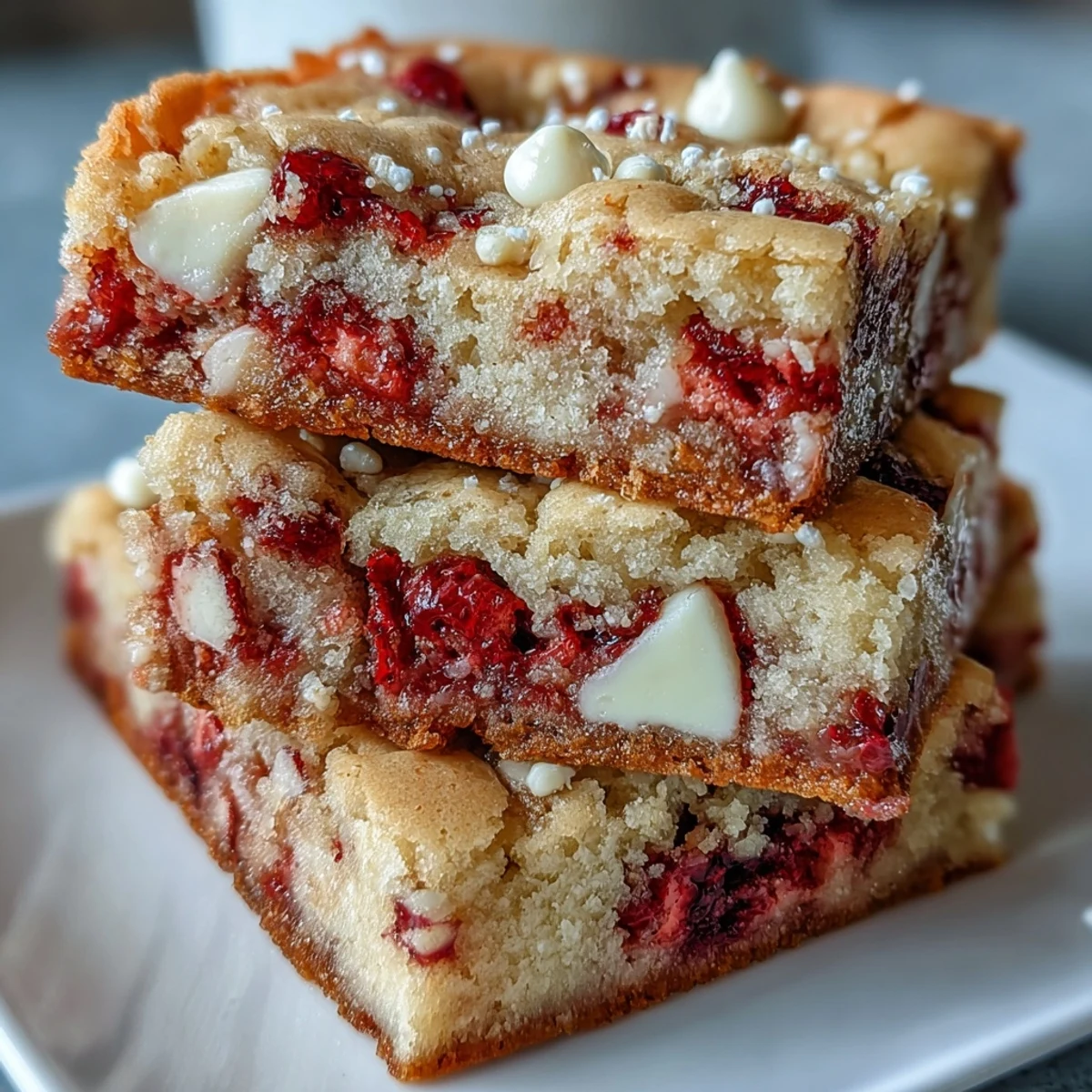Fresh strawberry cookie bars with creamy white chocolate chunks, perfect for a summer dessert spread.  