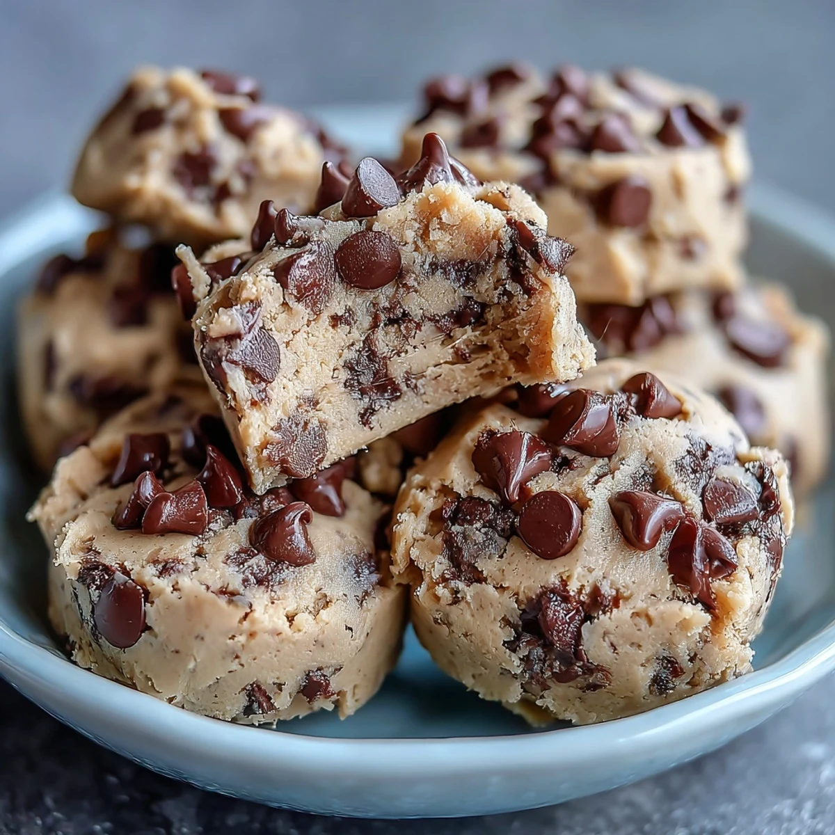 A bowl of edible protein cookie dough with chocolate chips, perfect for a healthy, high-protein snack.  