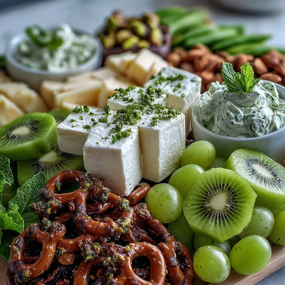 Festive St. Patrick's Day Treats Board filled with vibrant green snacks and fresh fruits.  