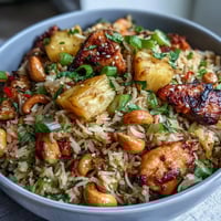 Vibrant pineapple chicken fried rice with juicy pineapple chunks, tender chicken, crunchy cashews, and colorful veggies in a savory sauce.