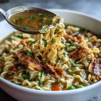 Hearty Chicken Run One-Pot Chicken Noodle Soup with tender chicken, colorful veggies, and noodles in a savory broth.  