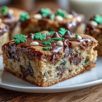 Lucky Clover St. Patricks Day Cookie Bars with green sprinkles and chocolate chips on a festive platter.