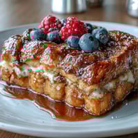 Buttery croissant French toast casserole with fresh berries, golden and custardy, perfect for a cozy brunch.