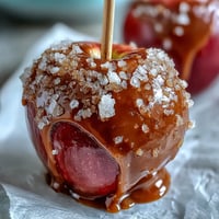 A glossy caramel-coated apple with a sprinkle of flaky sea salt, showcasing a classic fall dessert treat.