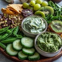 Vibrant St. Patricks Day treats board featuring fresh green vegetables, dips, and snacks arranged artfully for festive gatherings.  