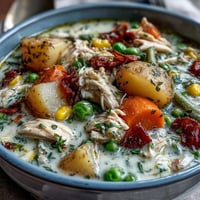 Creamy Slow Cooker Chicken Pot Pie Soup with tender chicken, vegetables, and a rich, velvety broth in a slow cooker.