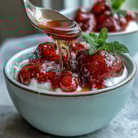 Strawberry compote with Greek yogurt, a vibrant breakfast parfait topped with fresh mint.