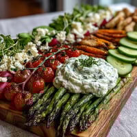 Vibrant spring food board with radishes, peas, and herb dip—crisp veggies and creamy yogurt dip on a rustic platter.