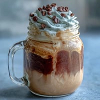 Vanilla Bean Frappuccino Overnight Oats Jar with creamy vanilla and coffee layers, topped with whipped cream and chocolate chips.