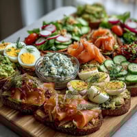 Vibrant spring brunch avocado toast board with smoked salmon, fresh vegetables, and creamy avocado spread for sharing.  