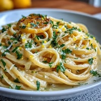 Creamy lemon butter pasta with silky sauce, fresh lemon zest, and Parmesan cheese on a white plate.